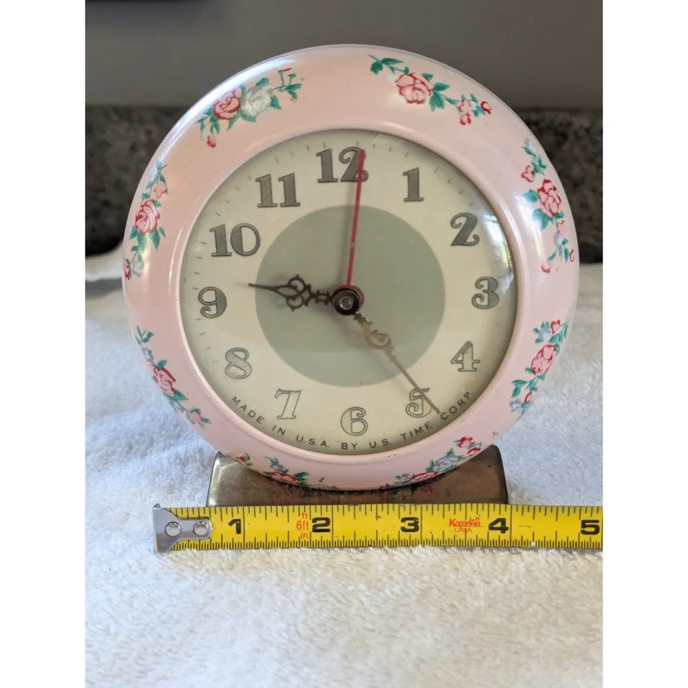 Vintage Retro Mid Century Wind Alarm Clock Round Pink Rose Flower US Time Rare